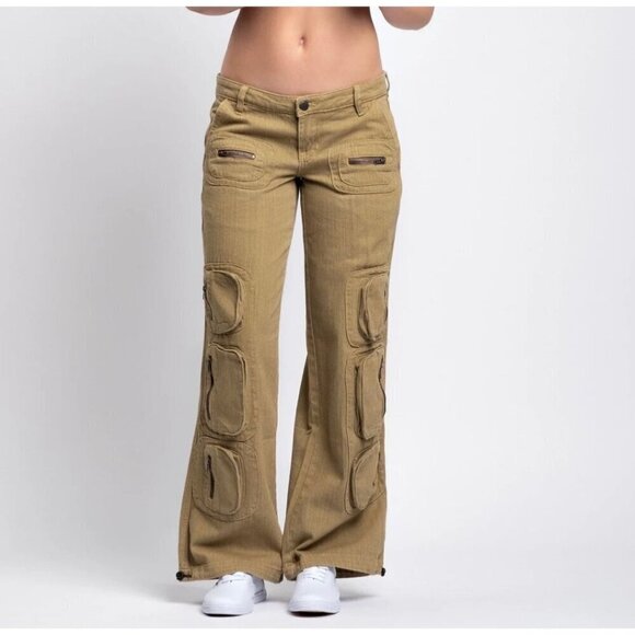 Ptcl Pants - PTCL Women 26 US 4 Ethical Cargo Pants Zip Pockets Adj Cord Wide Leg Grunge Edgy